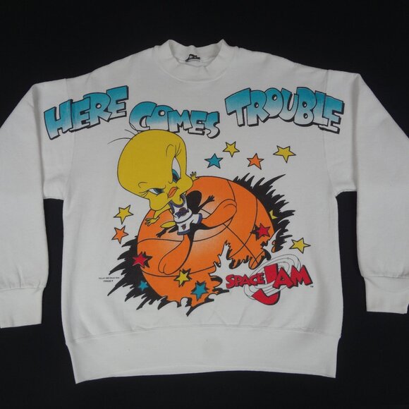 VINTAGE 1996 SPACE JAM LOONEY TUNES TWEETY TROUBLE WHITE SWEATSHIRT LARGE K906